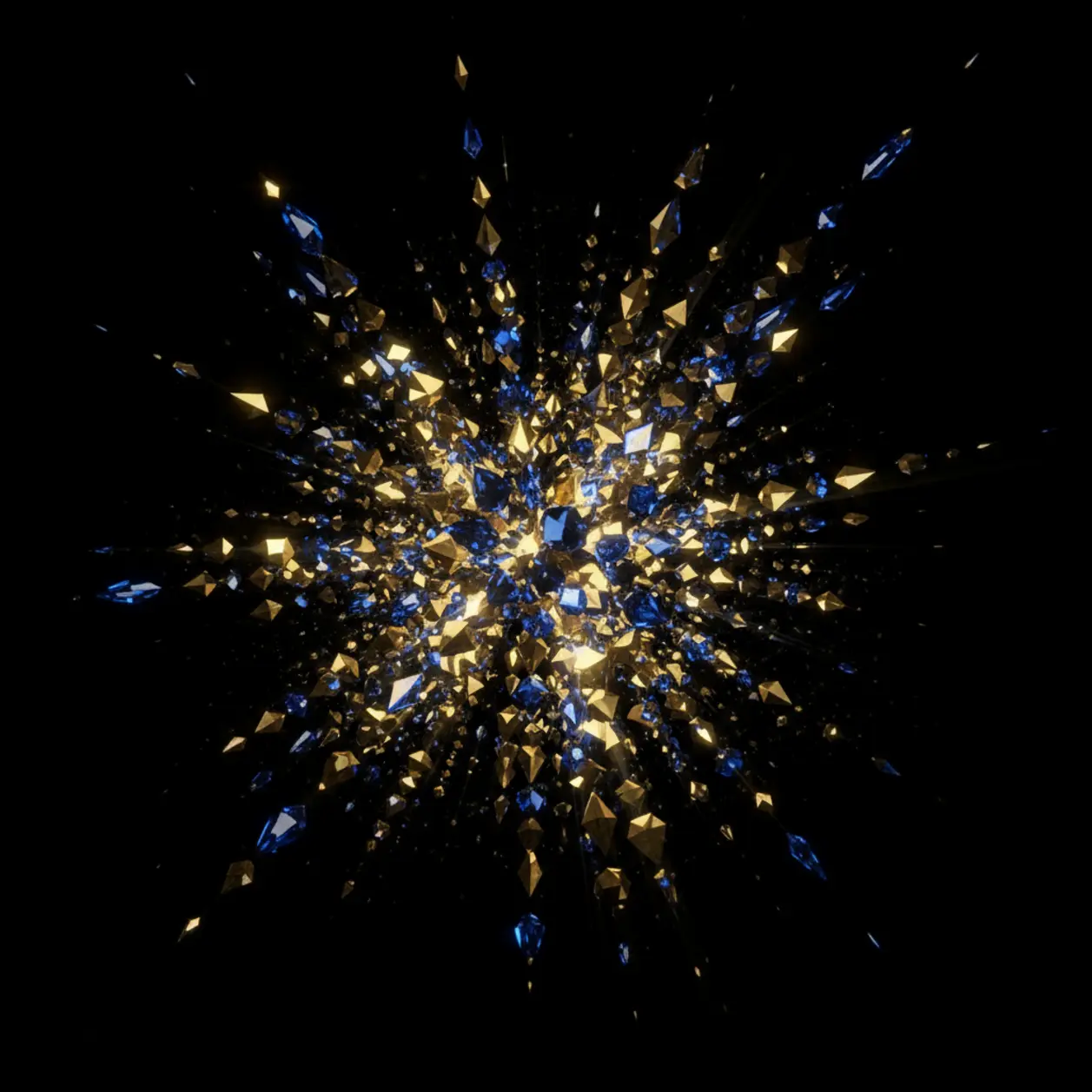 A shattered obsidian dimension with glowing gold fragments frozen in time.